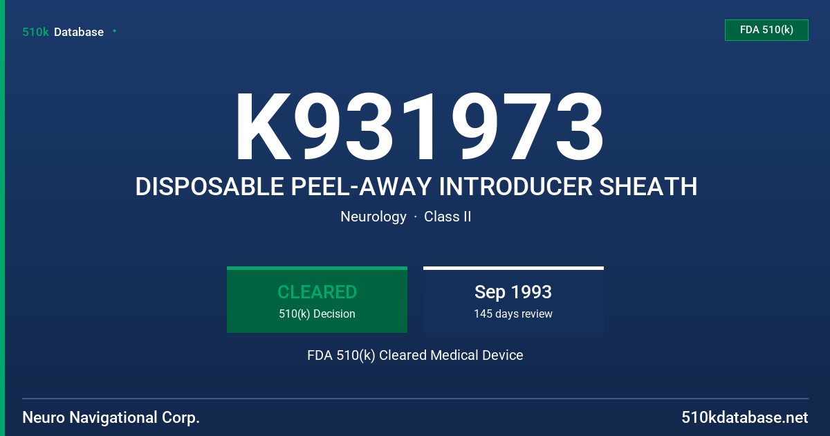 K931973 DISPOSABLE PEEL-AWAY INTRODUCER SHEATH FDA 510(k) Cleared Medical Device