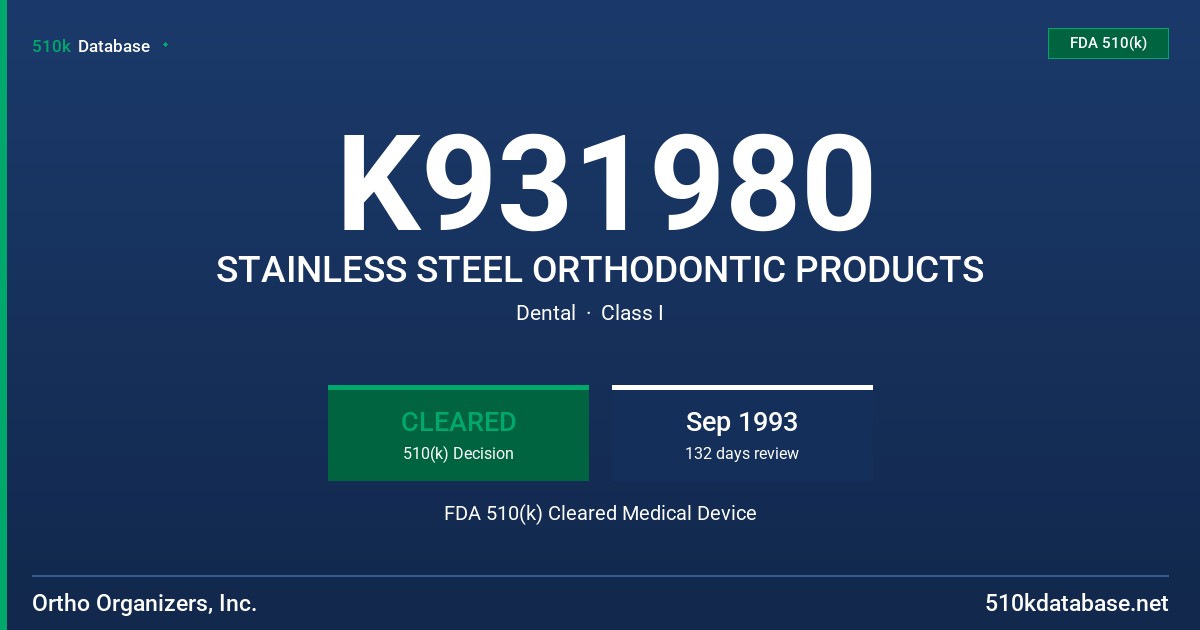K931980 STAINLESS STEEL ORTHODONTIC PRODUCTS FDA 510(k) Cleared Medical Device