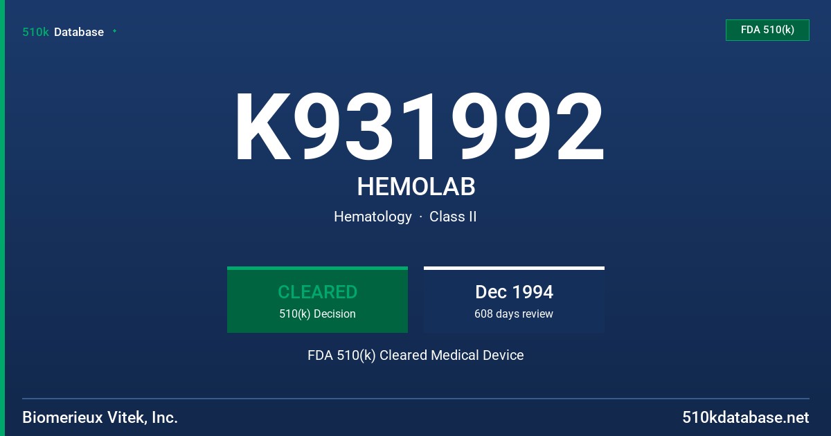 K931992 HEMOLAB FDA 510(k) Cleared Medical Device