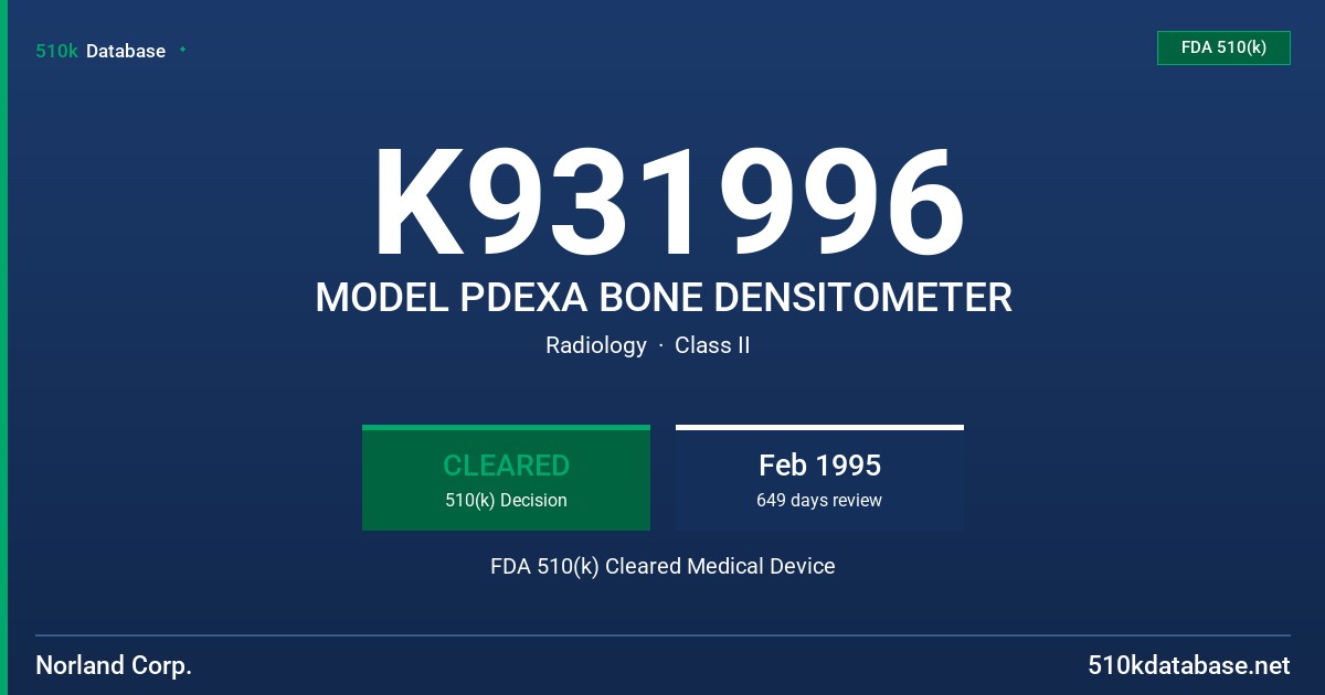 K931996 MODEL PDEXA BONE DENSITOMETER FDA 510(k) Cleared Medical Device