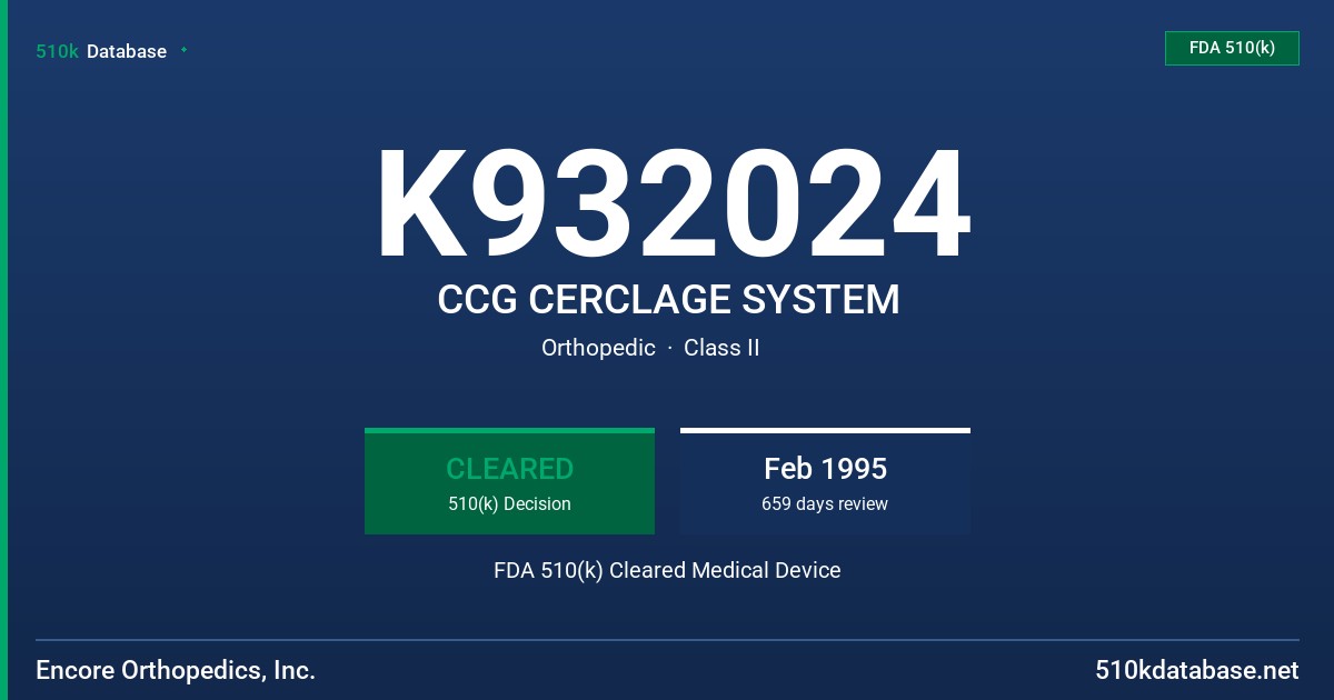 K932024 CCG CERCLAGE SYSTEM FDA 510(k) Cleared Medical Device
