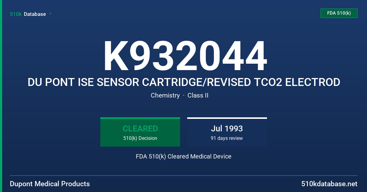 K932044 DU PONT ISE SENSOR CARTRIDGE/REVISED TCO2 ELECTROD FDA 510(k) Cleared Medical Device