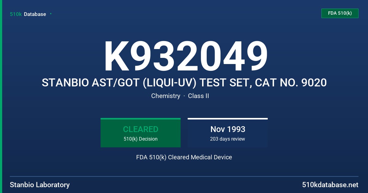 K932049 STANBIO AST/GOT (LIQUI-UV) TEST SET, CAT NO. 9020 FDA 510(k) Cleared Medical Device