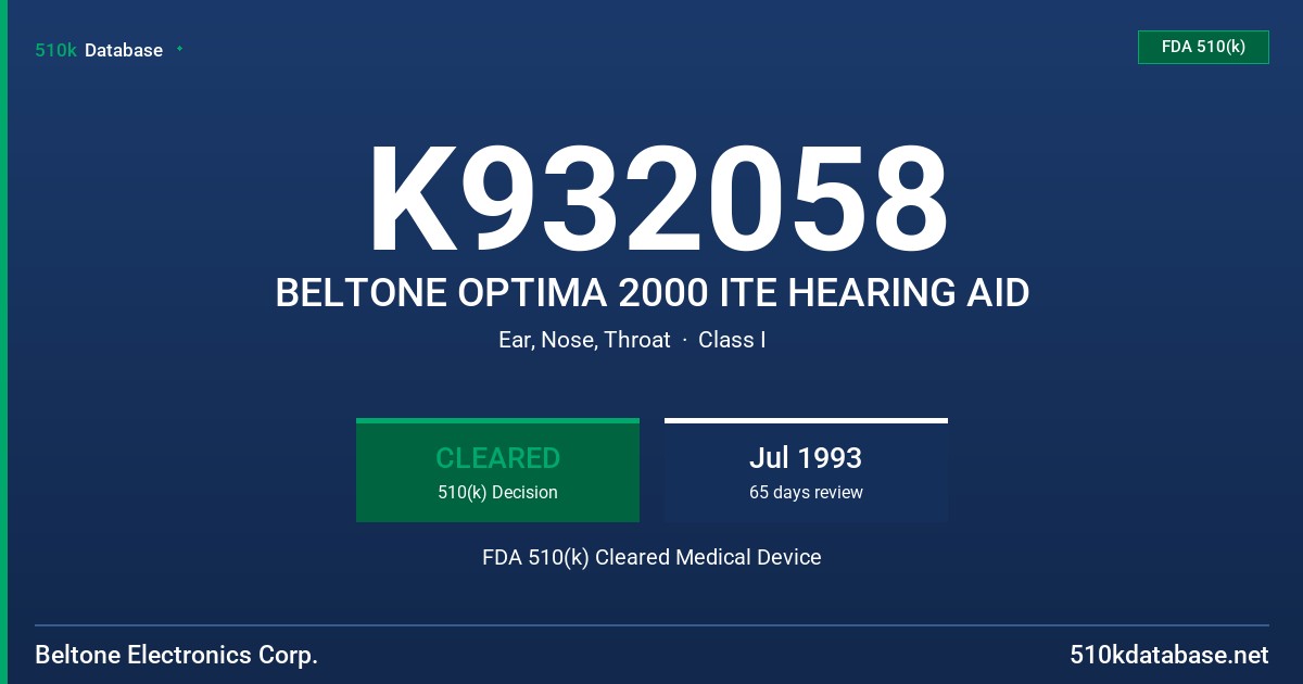 K932058 BELTONE OPTIMA 2000 ITE HEARING AID FDA 510(k) Cleared Medical Device