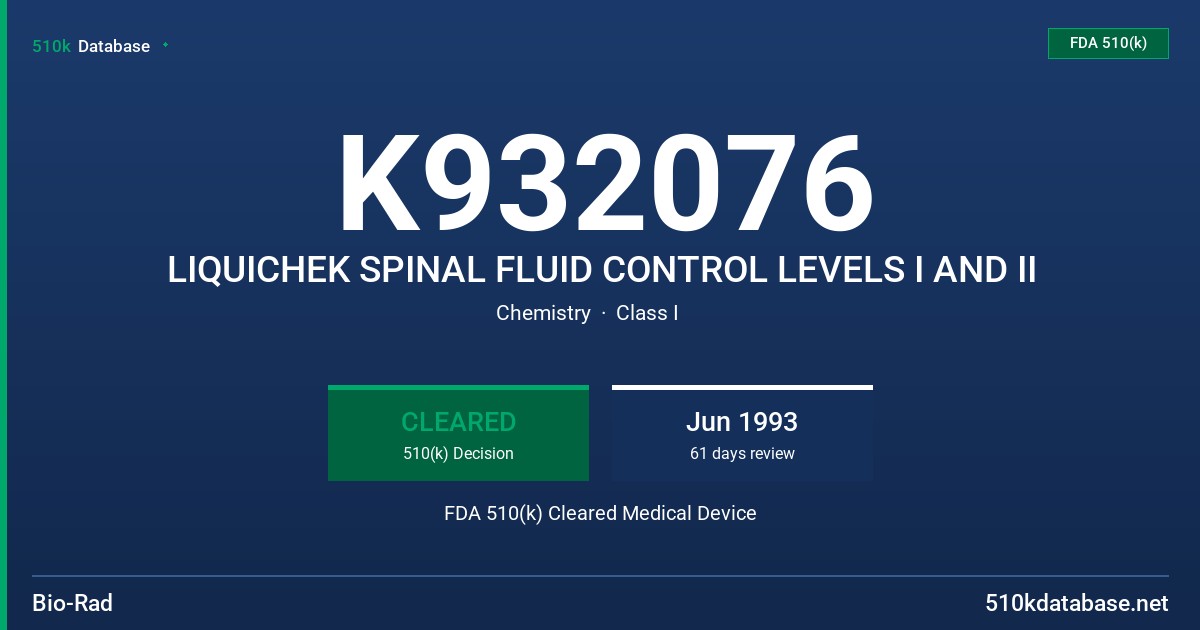 K932076 LIQUICHEK SPINAL FLUID CONTROL LEVELS I AND II FDA 510(k) Cleared Medical Device
