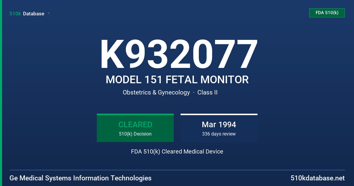 K932077 MODEL 151 FETAL MONITOR FDA 510(k) Cleared Medical Device