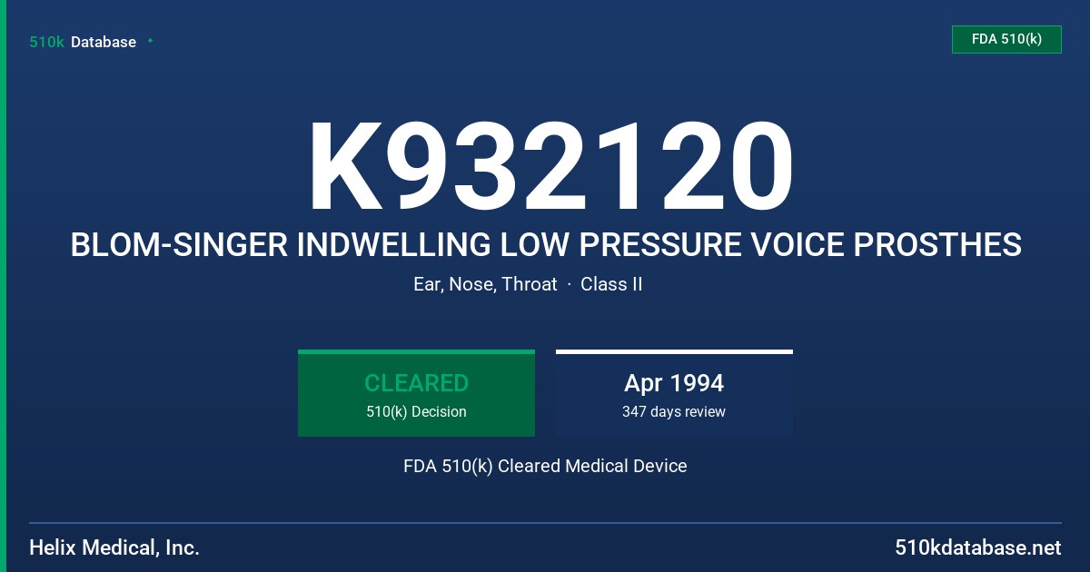 K932120 BLOM-SINGER INDWELLING LOW PRESSURE VOICE PROSTHES FDA 510(k) Cleared Medical Device