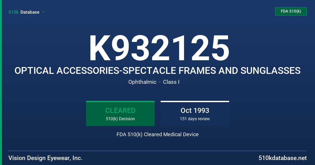 K932125 OPTICAL ACCESSORIES-SPECTACLE FRAMES AND SUNGLASSES FDA 510(k) Cleared Medical Device