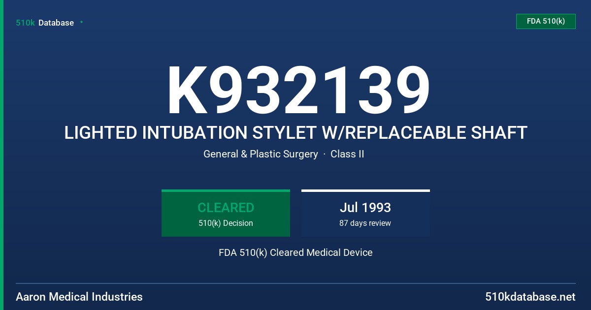K932139 LIGHTED INTUBATION STYLET W/REPLACEABLE SHAFT FDA 510(k) Cleared Medical Device