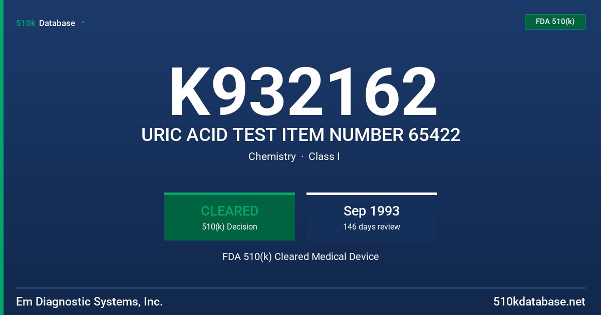 K932162 URIC ACID TEST ITEM NUMBER 65422 FDA 510(k) Cleared Medical Device