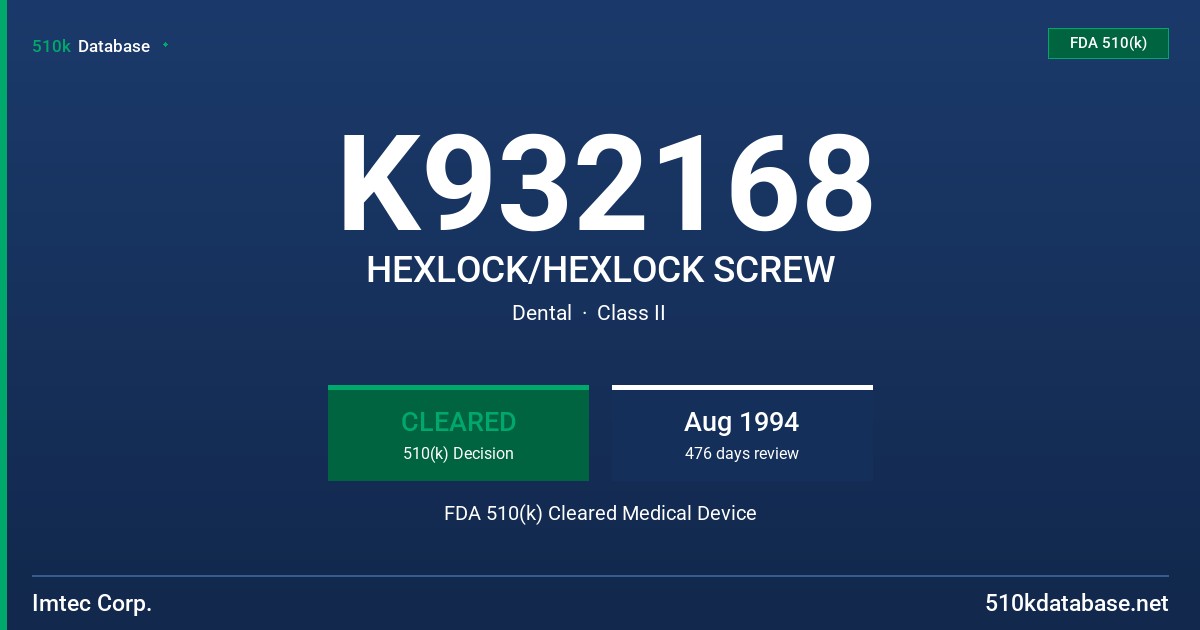 K932168 HEXLOCK/HEXLOCK SCREW FDA 510(k) Cleared Medical Device
