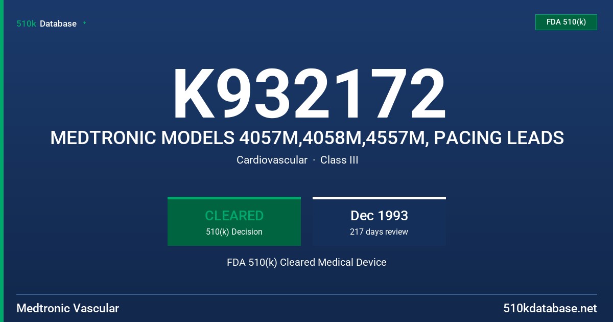 K932172 MEDTRONIC MODELS 4057M,4058M,4557M, PACING LEADS FDA 510(k) Cleared Medical Device