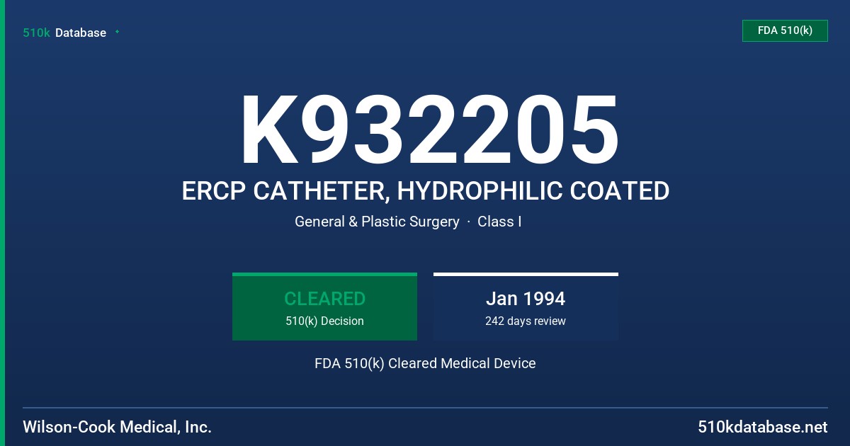 K932205 ERCP CATHETER, HYDROPHILIC COATED FDA 510(k) Cleared Medical Device