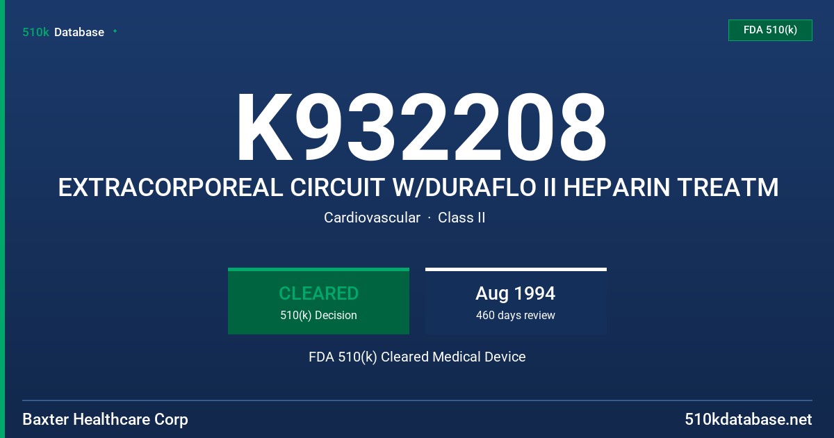 K932208 EXTRACORPOREAL CIRCUIT W/DURAFLO II HEPARIN TREATM FDA 510(k) Cleared Medical Device