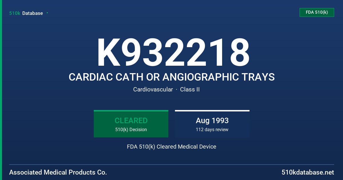 K932218 CARDIAC CATH OR ANGIOGRAPHIC TRAYS FDA 510(k) Cleared Medical Device