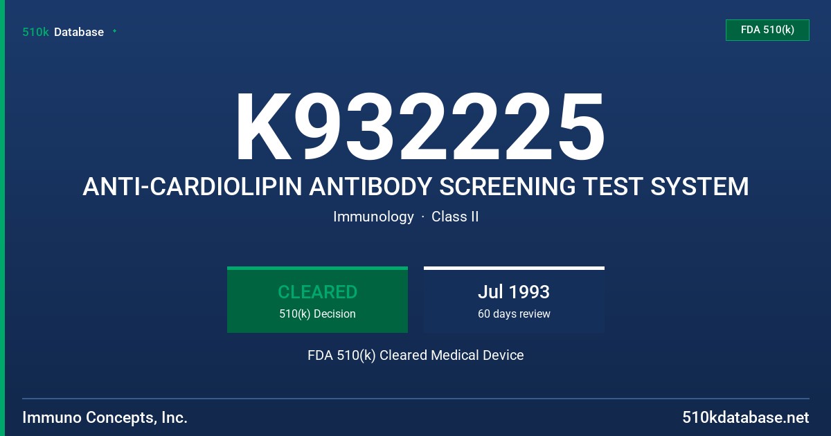 K932225 ANTI-CARDIOLIPIN ANTIBODY SCREENING TEST SYSTEM FDA 510(k) Cleared Medical Device