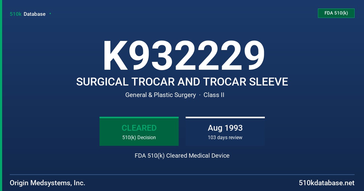 K932229 SURGICAL TROCAR AND TROCAR SLEEVE FDA 510(k) Cleared Medical Device