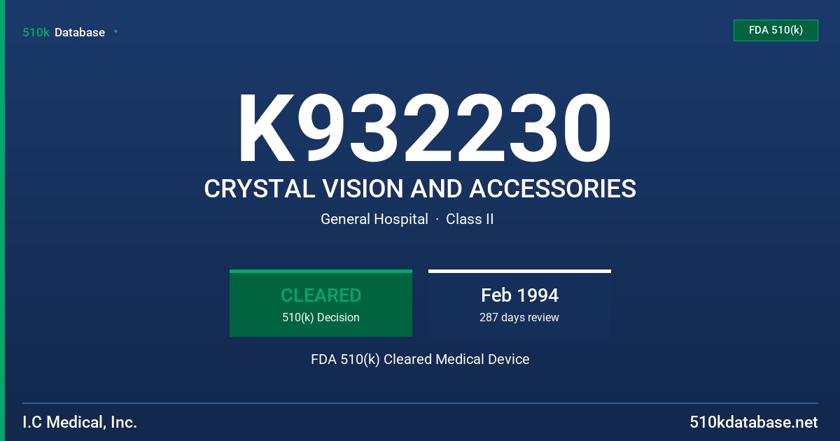 K932230 CRYSTAL VISION AND ACCESSORIES FDA 510(k) Cleared Medical Device