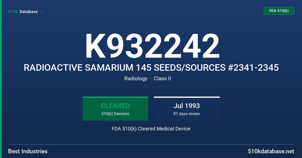 K932242 RADIOACTIVE SAMARIUM 145 SEEDS/SOURCES #2341-2345 FDA 510(k) Cleared Medical Device