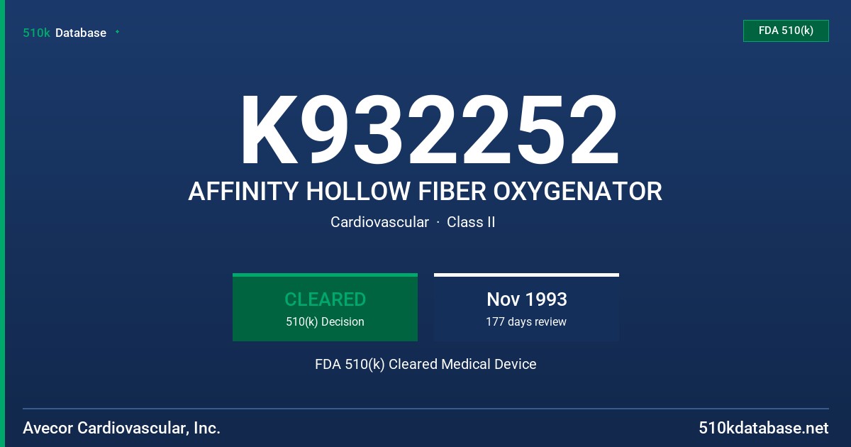 K932252 AFFINITY HOLLOW FIBER OXYGENATOR FDA 510(k) Cleared Medical Device