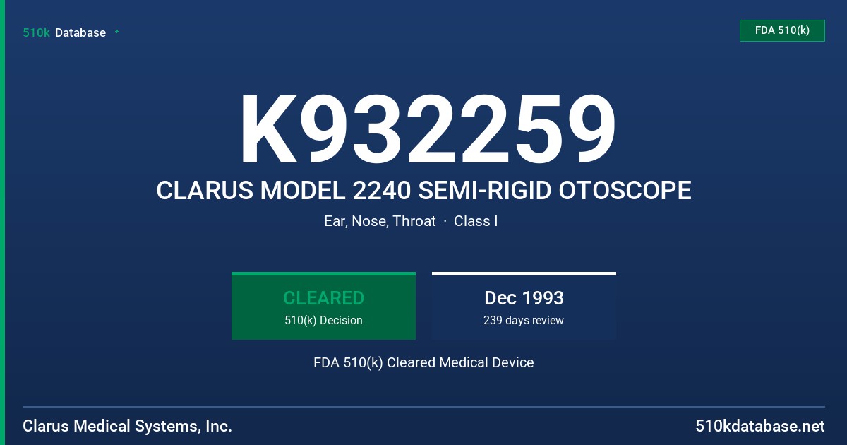 K932259 CLARUS MODEL 2240 SEMI-RIGID OTOSCOPE FDA 510(k) Cleared Medical Device