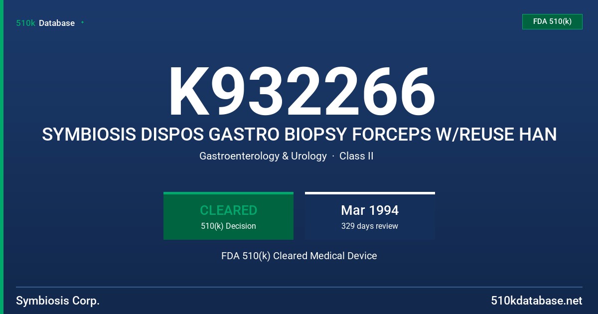 K932266 SYMBIOSIS DISPOS GASTRO BIOPSY FORCEPS W/REUSE HAN FDA 510(k) Cleared Medical Device