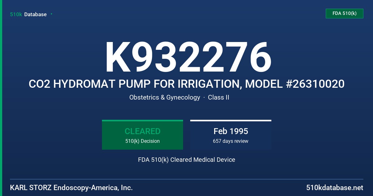 K932276 CO2 HYDROMAT PUMP FOR IRRIGATION, MODEL #26310020 FDA 510(k) Cleared Medical Device