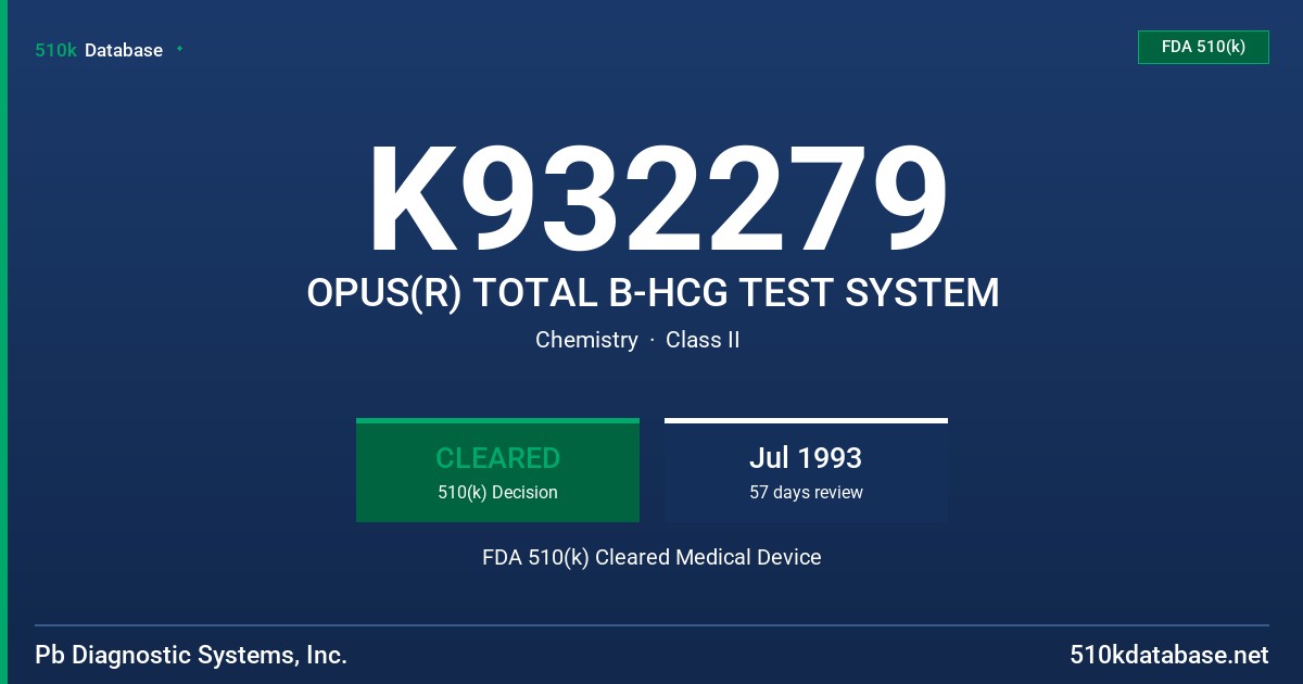 K932279 OPUS(R) TOTAL B-HCG TEST SYSTEM FDA 510(k) Cleared Medical Device