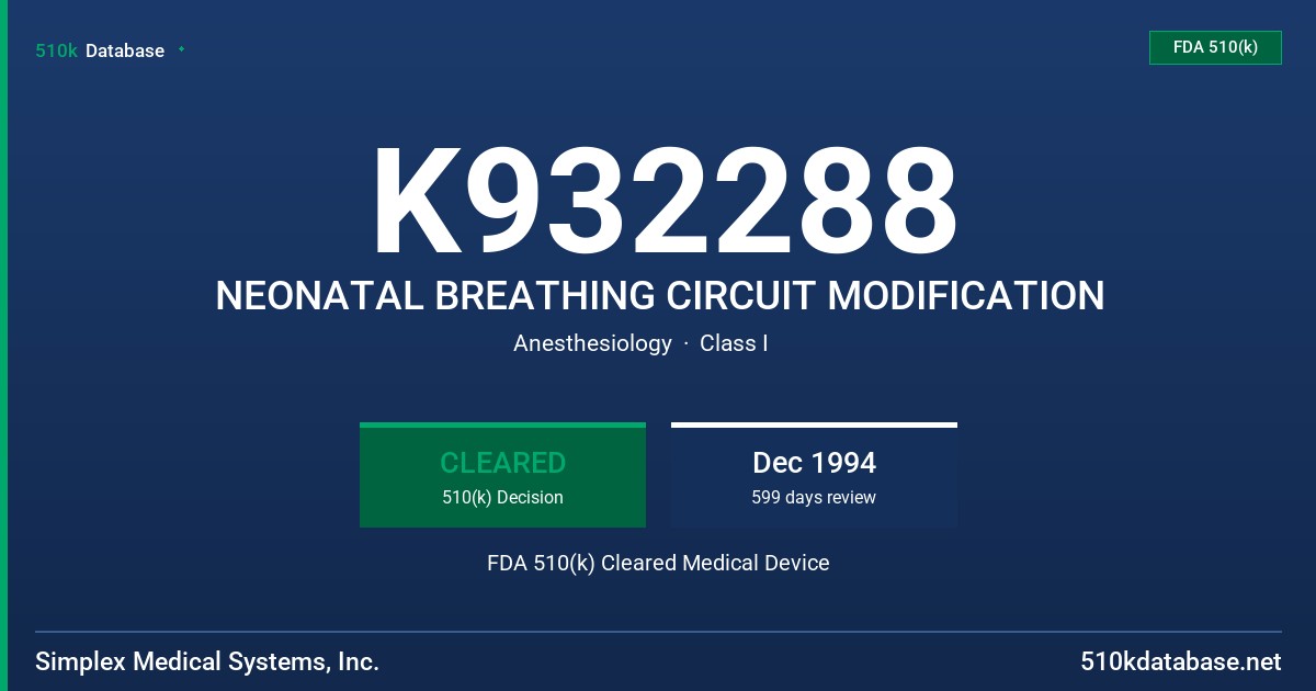 K932288 NEONATAL BREATHING CIRCUIT MODIFICATION FDA 510(k) Cleared Medical Device