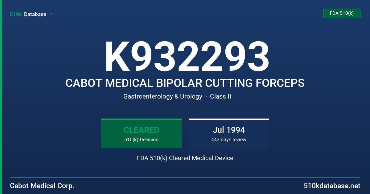 K932293 CABOT MEDICAL BIPOLAR CUTTING FORCEPS FDA 510(k) Cleared Medical Device