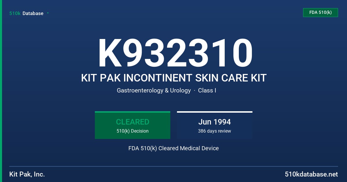 K932310 KIT PAK INCONTINENT SKIN CARE KIT FDA 510(k) Cleared Medical Device