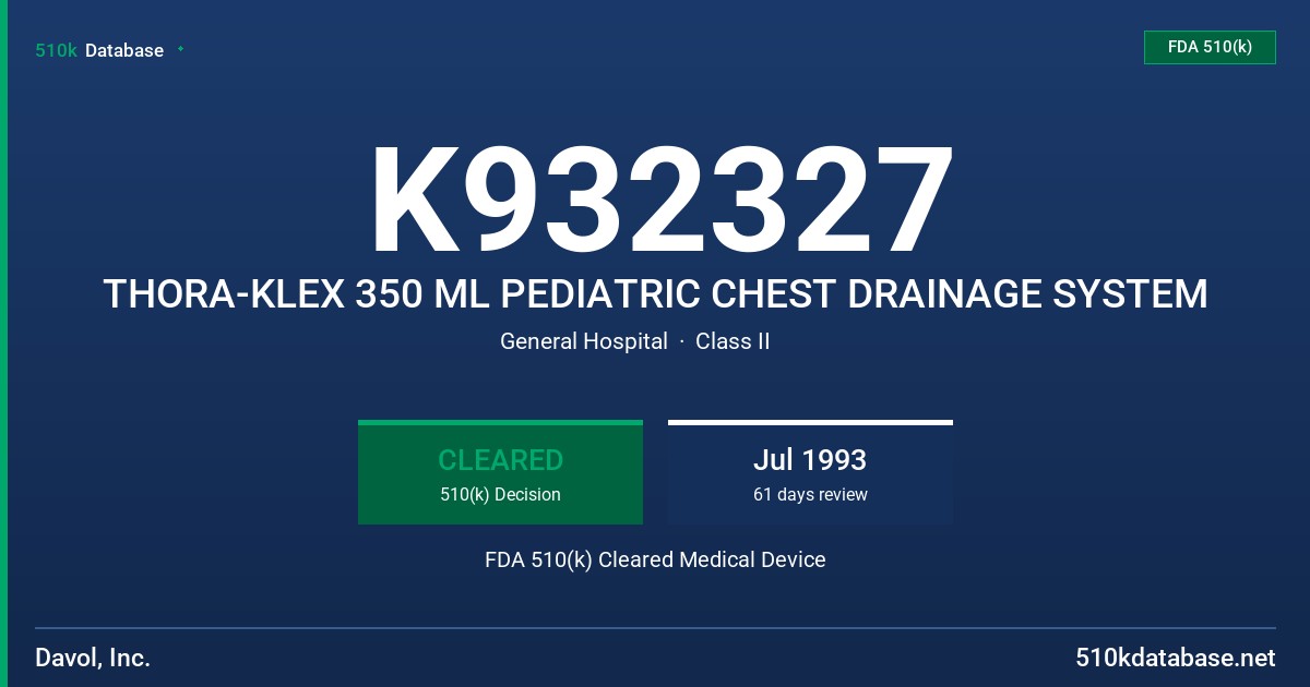 K932327 THORA-KLEX 350 ML PEDIATRIC CHEST DRAINAGE SYSTEM FDA 510(k) Cleared Medical Device