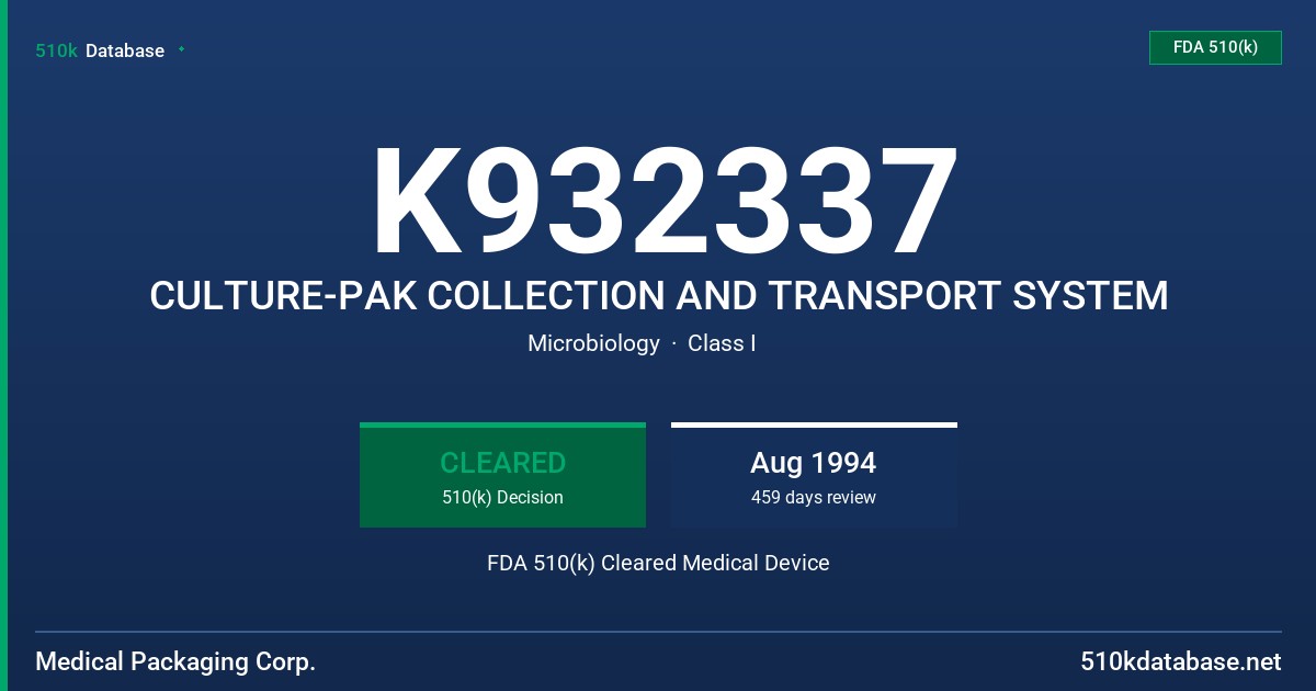K932337 CULTURE-PAK COLLECTION AND TRANSPORT SYSTEM FDA 510(k) Cleared Medical Device