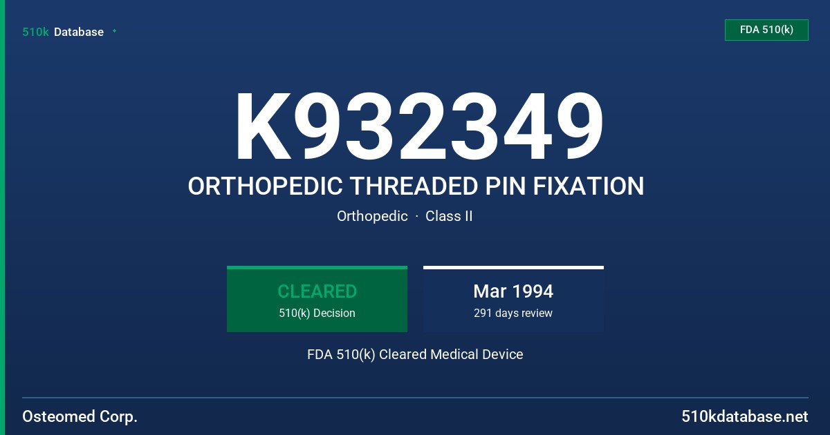 K932349 ORTHOPEDIC THREADED PIN FIXATION FDA 510(k) Cleared Medical Device