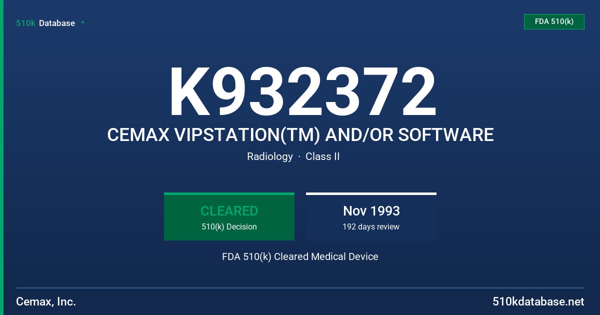 K932372 CEMAX VIPSTATION(TM) AND/OR SOFTWARE FDA 510(k) Cleared Medical Device