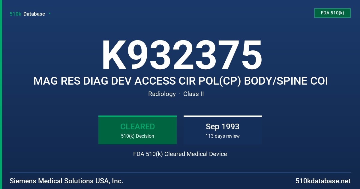 K932375 MAG RES DIAG DEV ACCESS CIR POL(CP) BODY/SPINE COI FDA 510(k) Cleared Medical Device