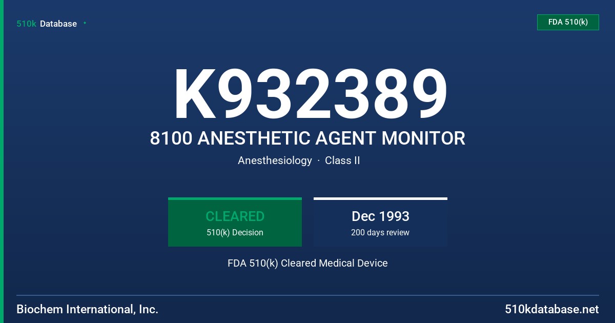 K932389 8100 ANESTHETIC AGENT MONITOR FDA 510(k) Cleared Medical Device