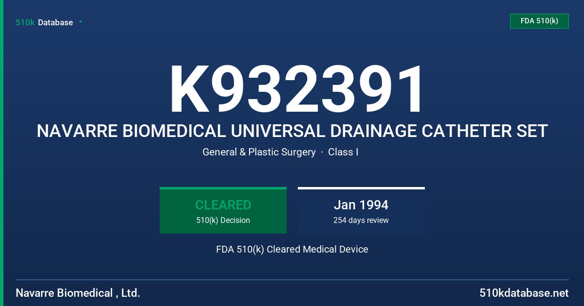K932391 NAVARRE BIOMEDICAL UNIVERSAL DRAINAGE CATHETER SET FDA 510(k) Cleared Medical Device