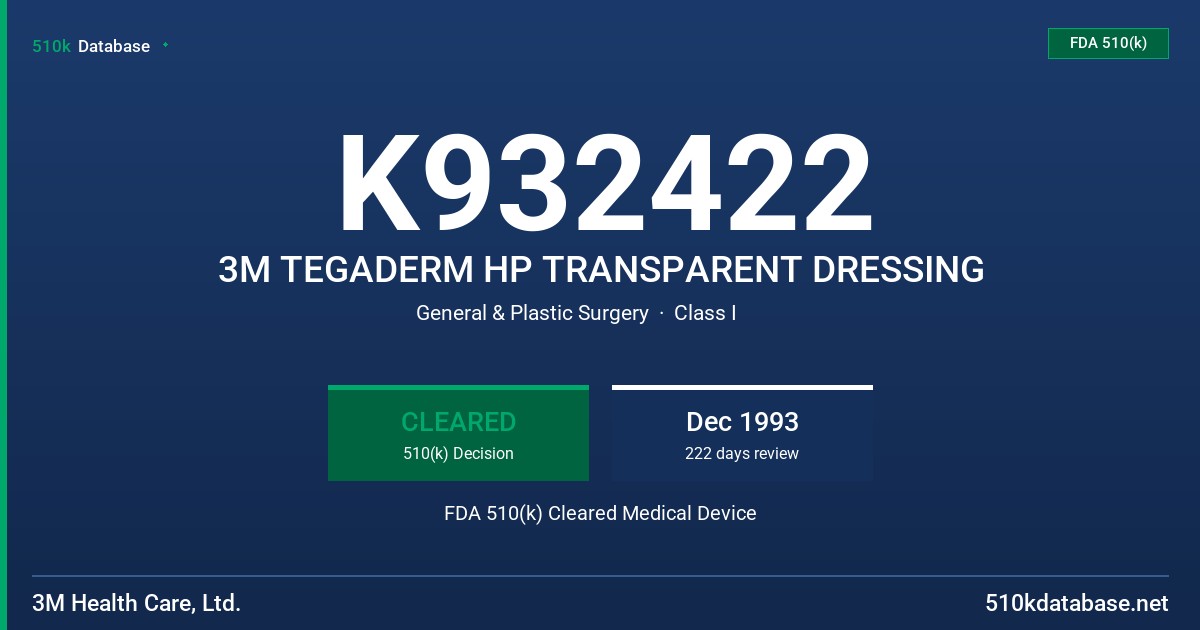 K932422 3M TEGADERM HP TRANSPARENT DRESSING FDA 510(k) Cleared Medical Device