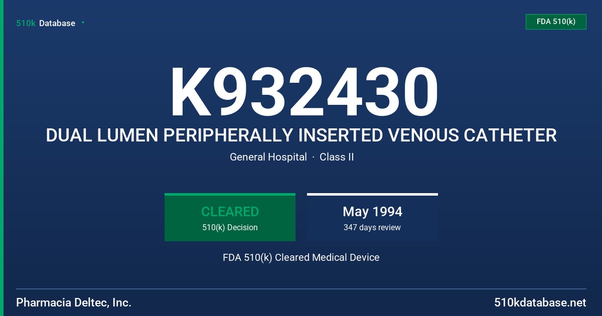 K932430 DUAL LUMEN PERIPHERALLY INSERTED VENOUS CATHETER FDA 510(k) Cleared Medical Device