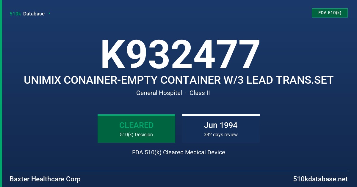 K932477 UNIMIX CONAINER-EMPTY CONTAINER W/3 LEAD TRANS.SET FDA 510(k) Cleared Medical Device