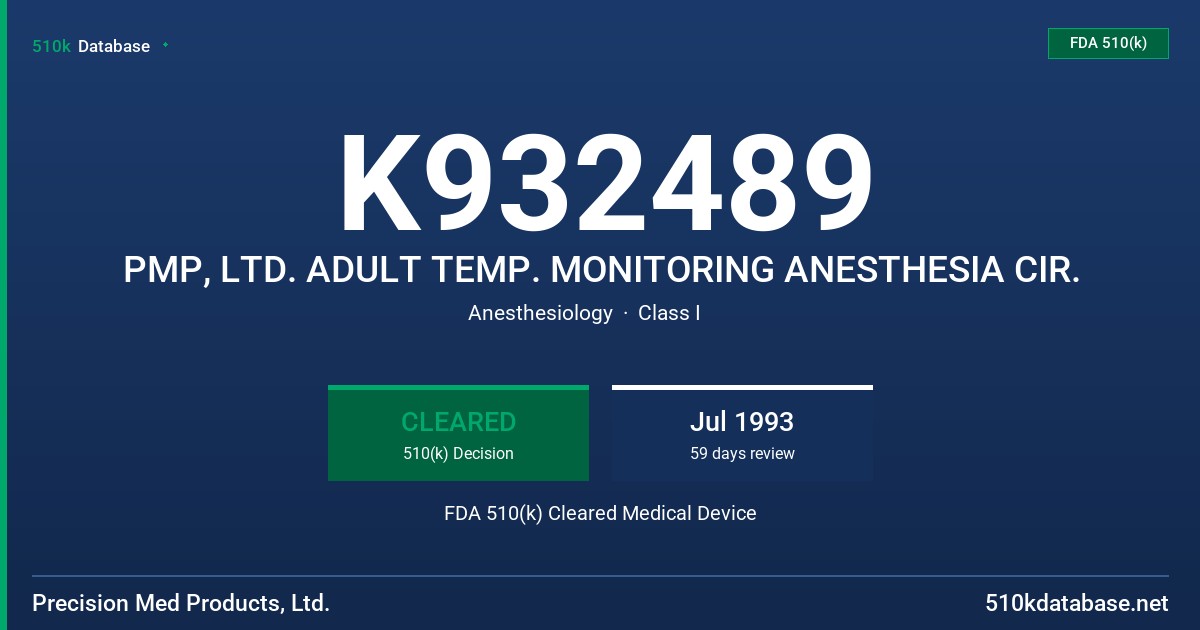 K932489 PMP, LTD. ADULT TEMP. MONITORING ANESTHESIA CIR. FDA 510(k) Cleared Medical Device