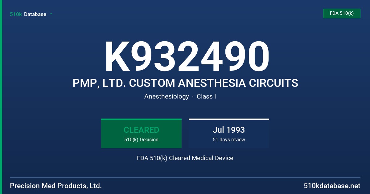 K932490 PMP, LTD. CUSTOM ANESTHESIA CIRCUITS FDA 510(k) Cleared Medical Device