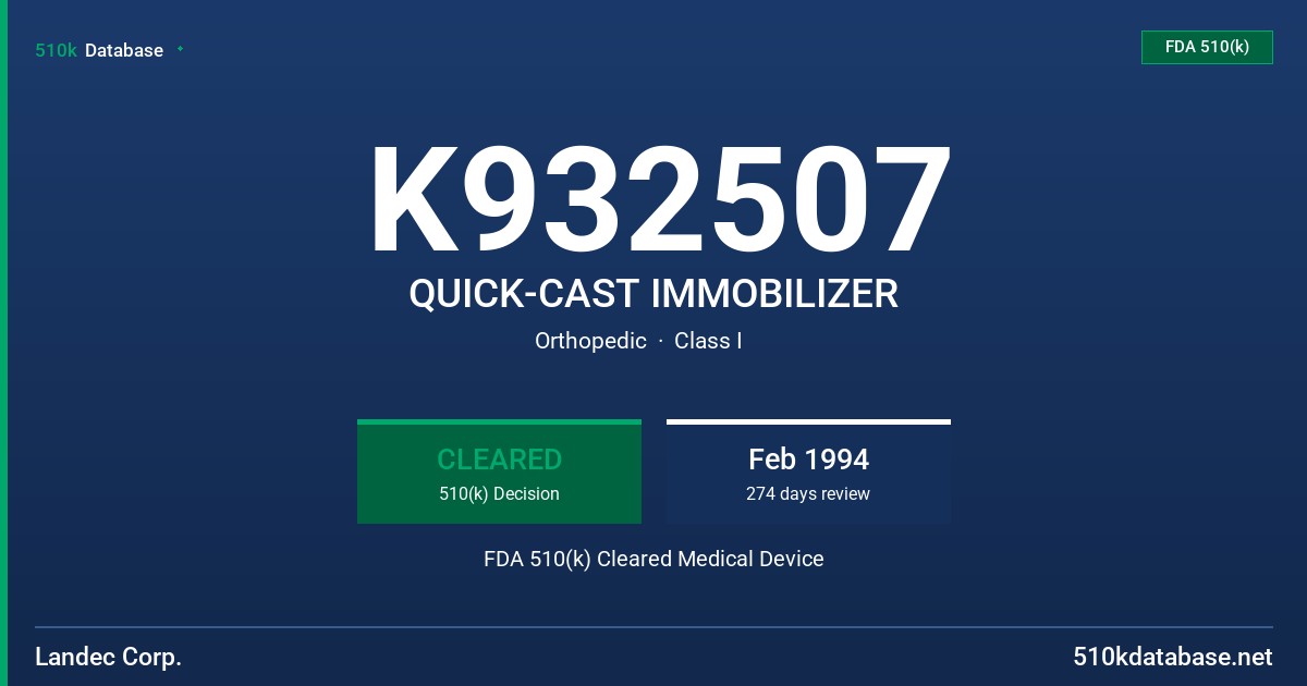 K932507 QUICK-CAST IMMOBILIZER FDA 510(k) Cleared Medical Device