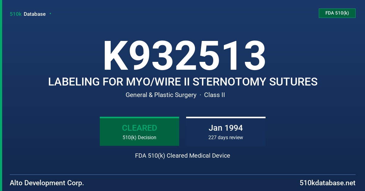 K932513 LABELING FOR MYO/WIRE II STERNOTOMY SUTURES FDA 510(k) Cleared Medical Device
