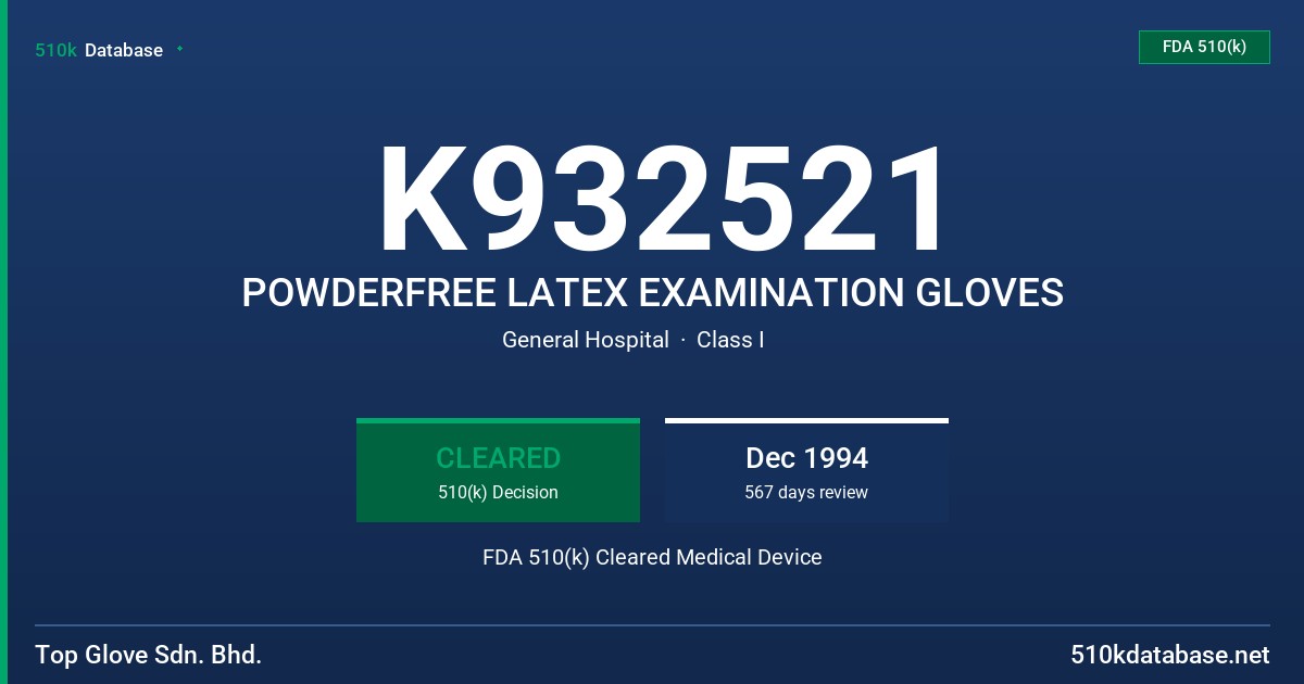 K932521 POWDERFREE LATEX EXAMINATION GLOVES FDA 510(k) Cleared Medical Device