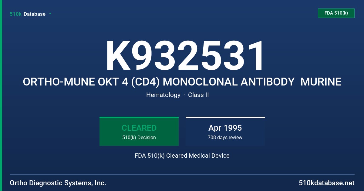 K932531 ORTHO-MUNE OKT 4 (CD4) MONOCLONAL ANTIBODY  MURINE FDA 510(k) Cleared Medical Device