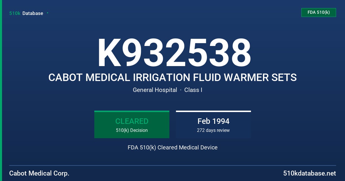 K932538 CABOT MEDICAL IRRIGATION FLUID WARMER SETS FDA 510(k) Cleared Medical Device