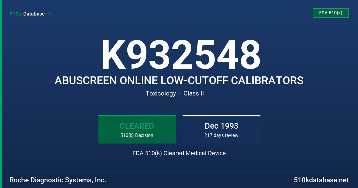 K932548 ABUSCREEN ONLINE LOW-CUTOFF CALIBRATORS FDA 510(k) Cleared Medical Device