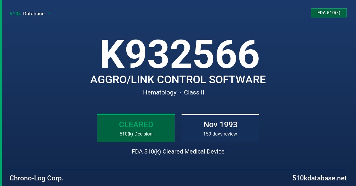 K932566 AGGRO/LINK CONTROL SOFTWARE FDA 510(k) Cleared Medical Device
